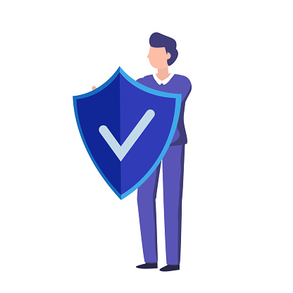 Man holds a protection shield. Reliable Protection. Vector flat illustration.